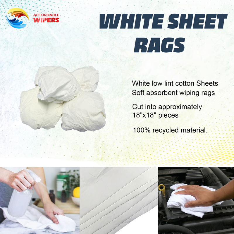 White Cotton Recycled Sheeting Rags Wiping Rags - 10 lbs. Box - Multipurpose Cleaning